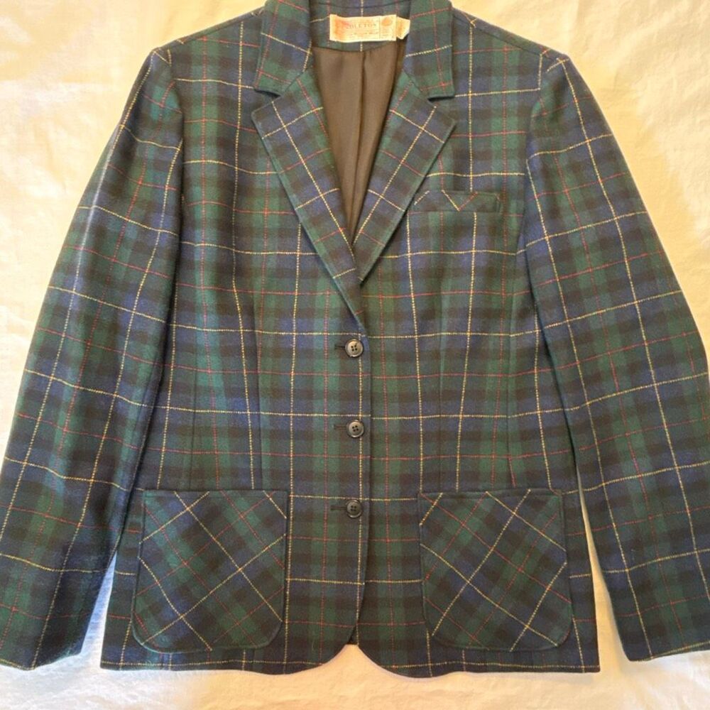 Pendleton | Vintage 80s Wool Plaid Blazer | Blue Green Tartan | Size 12 | Made i